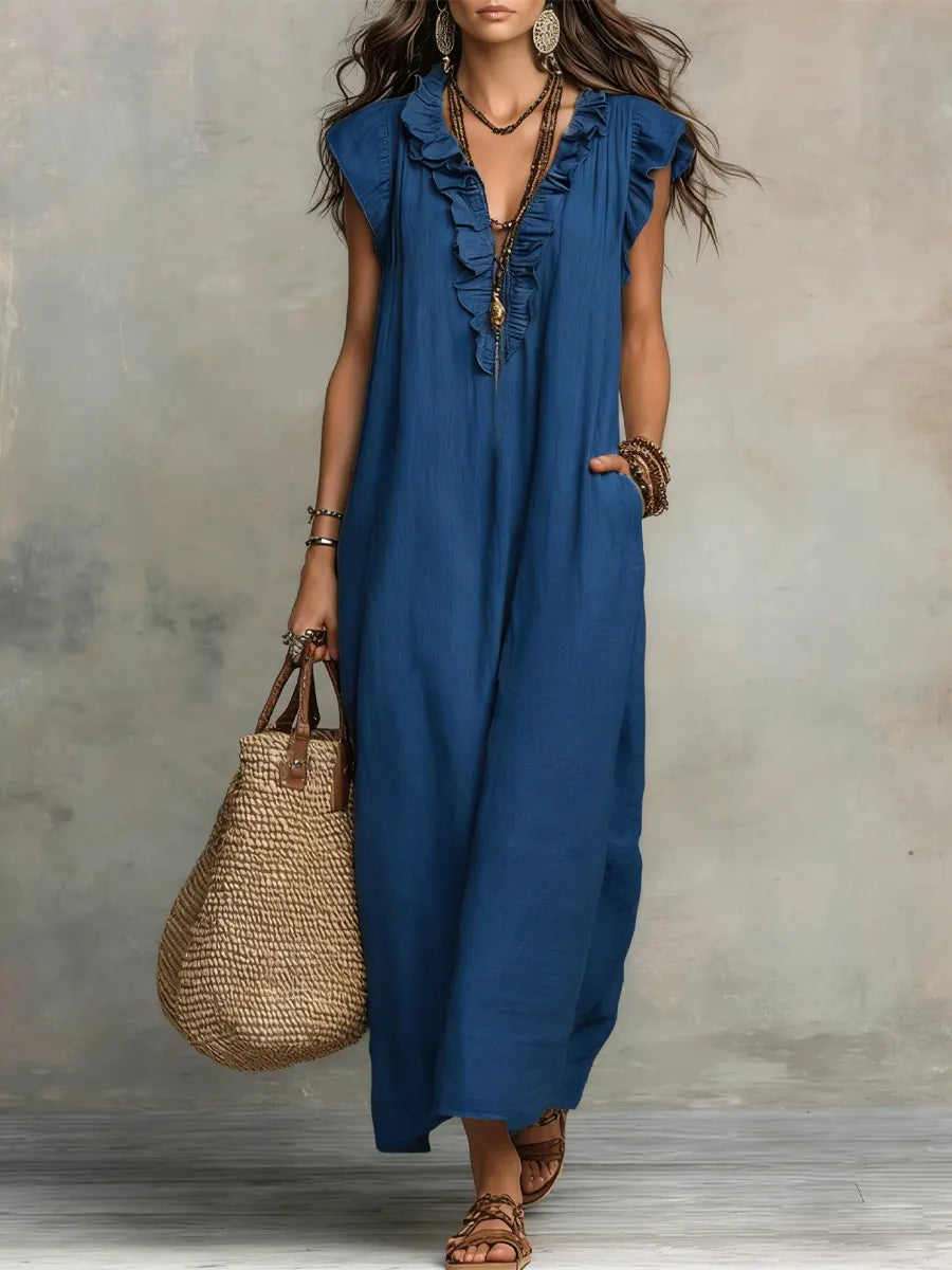 Robe d'art décontractée à volants en coton et lin unie pour femmes