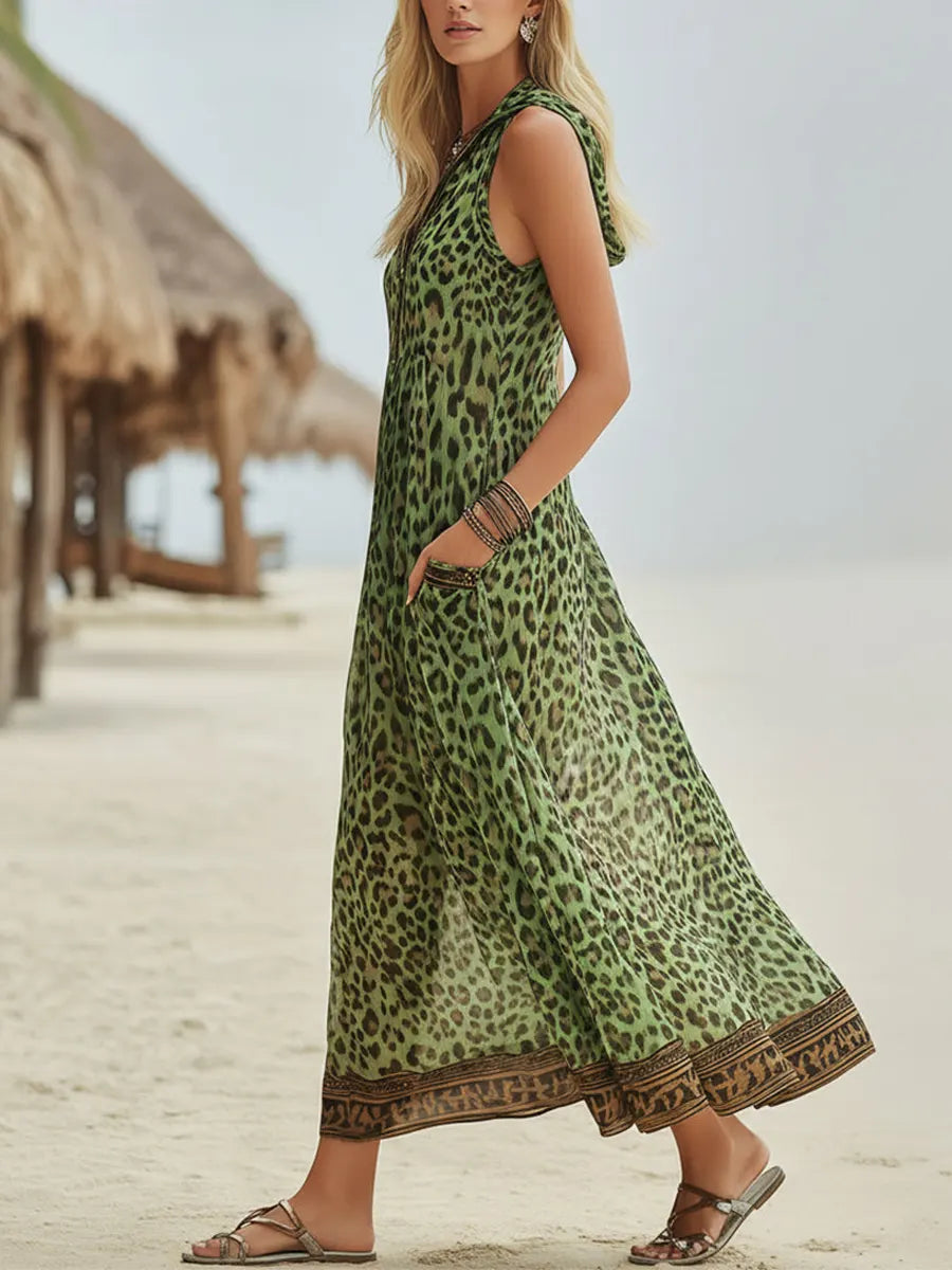 Robe Midi à Capuche Art Imprimé Léopard Vert Casual Retro pour Femmes