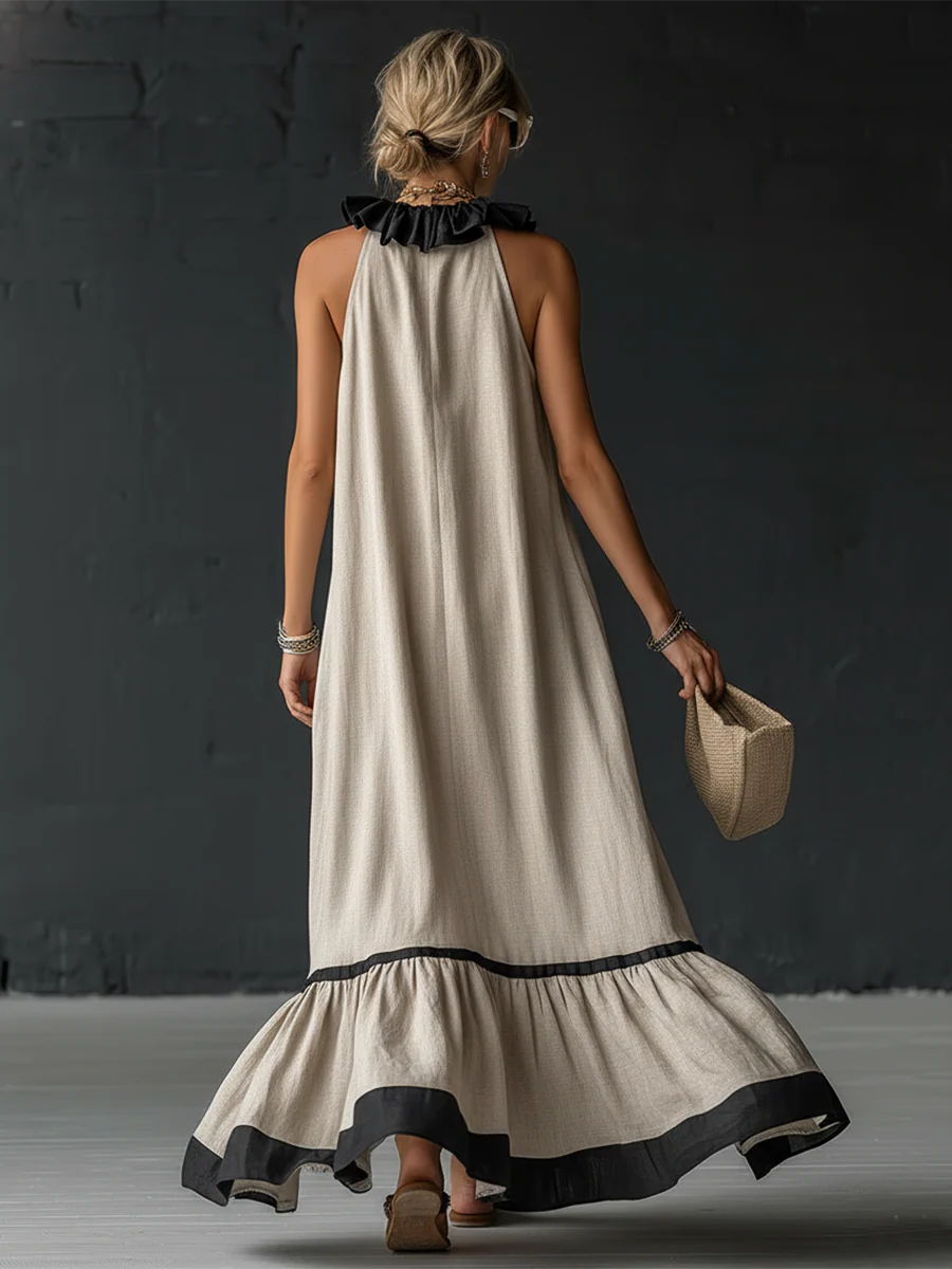 Robe Maxi Élégante et Romantique à Volants en Coloris Bloqués
