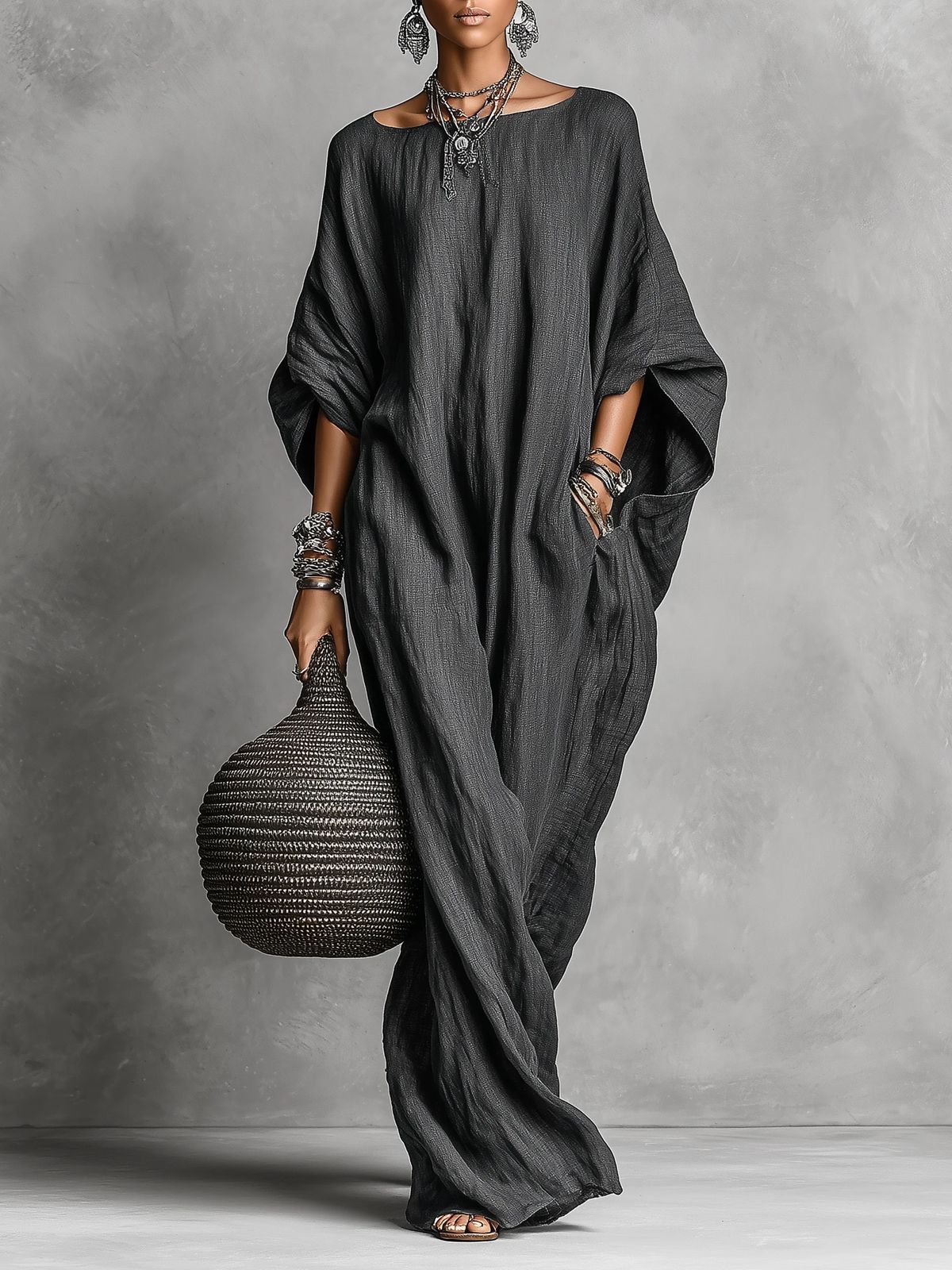 Robe longue sans manches en coton et lin décontractée minimaliste