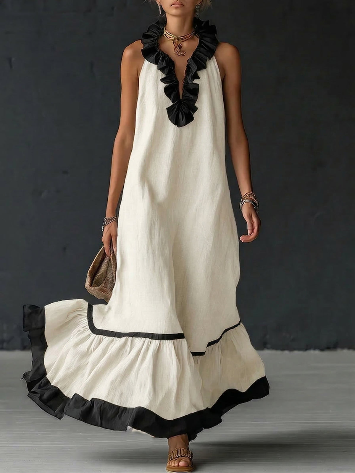 Robe Maxi Élégante et Romantique à Volants en Coloris Bloqués