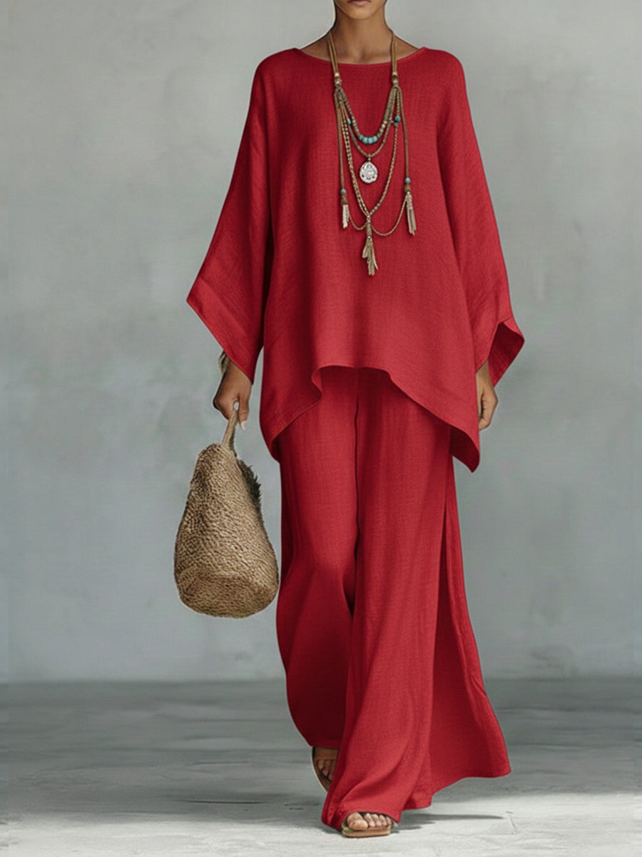 Ensemble deux pièces en lin et coton pour femmes, confortable et ample, avec top et pantalon à jambes larges.