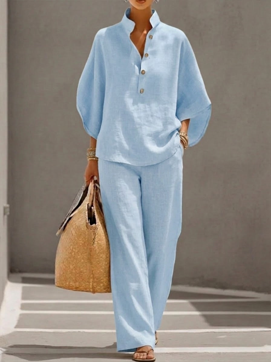 Ensemble Deux Pièces en Lin et Coton à Manches Chauve-Souris pour Femmes – Chemise Décontractée & Pantalon à Jambes Larges