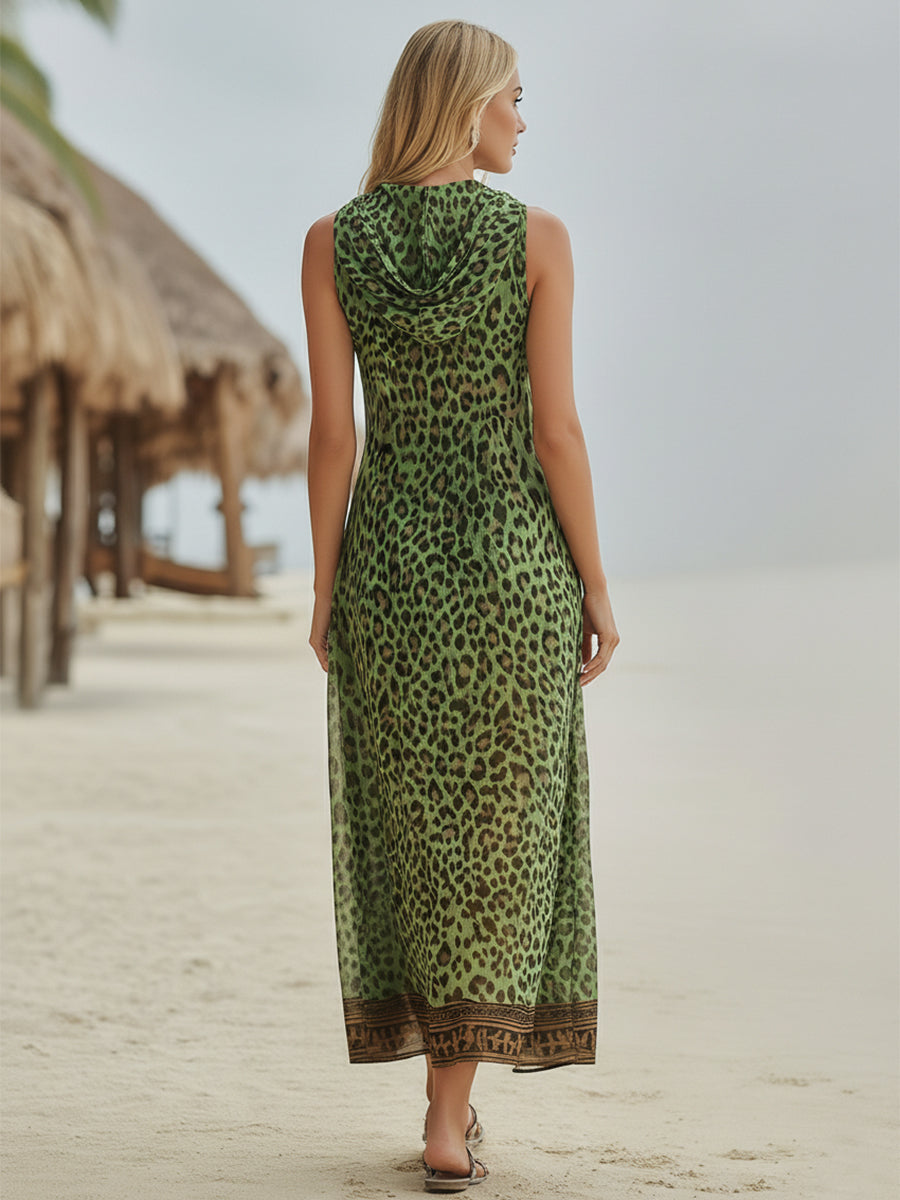 Robe Midi à Capuche Art Imprimé Léopard Vert Casual Retro pour Femmes