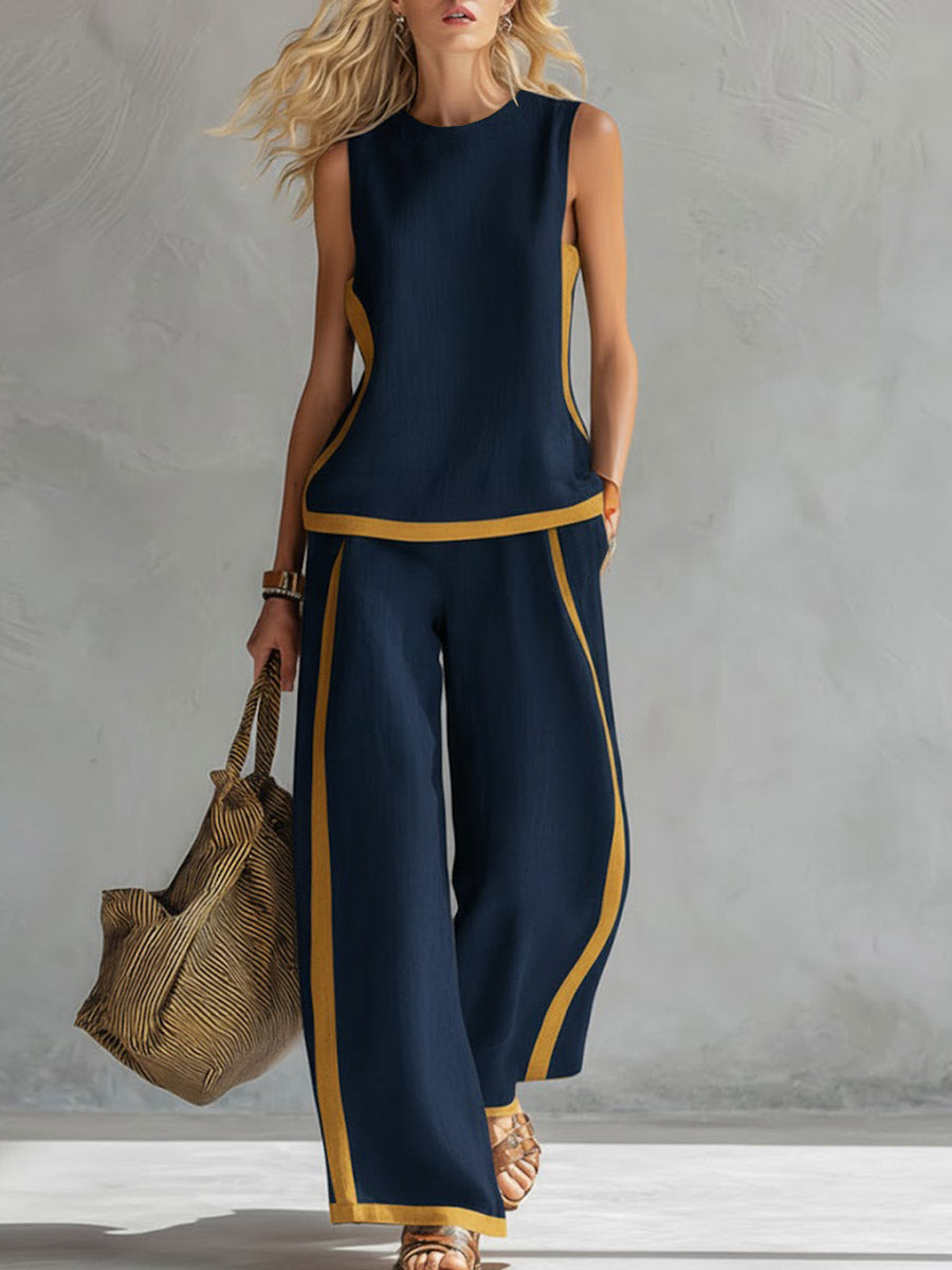 Ensemble en coton et lin pour femmes : top décontracté sans manches à col rond et pantalon large taille haute.