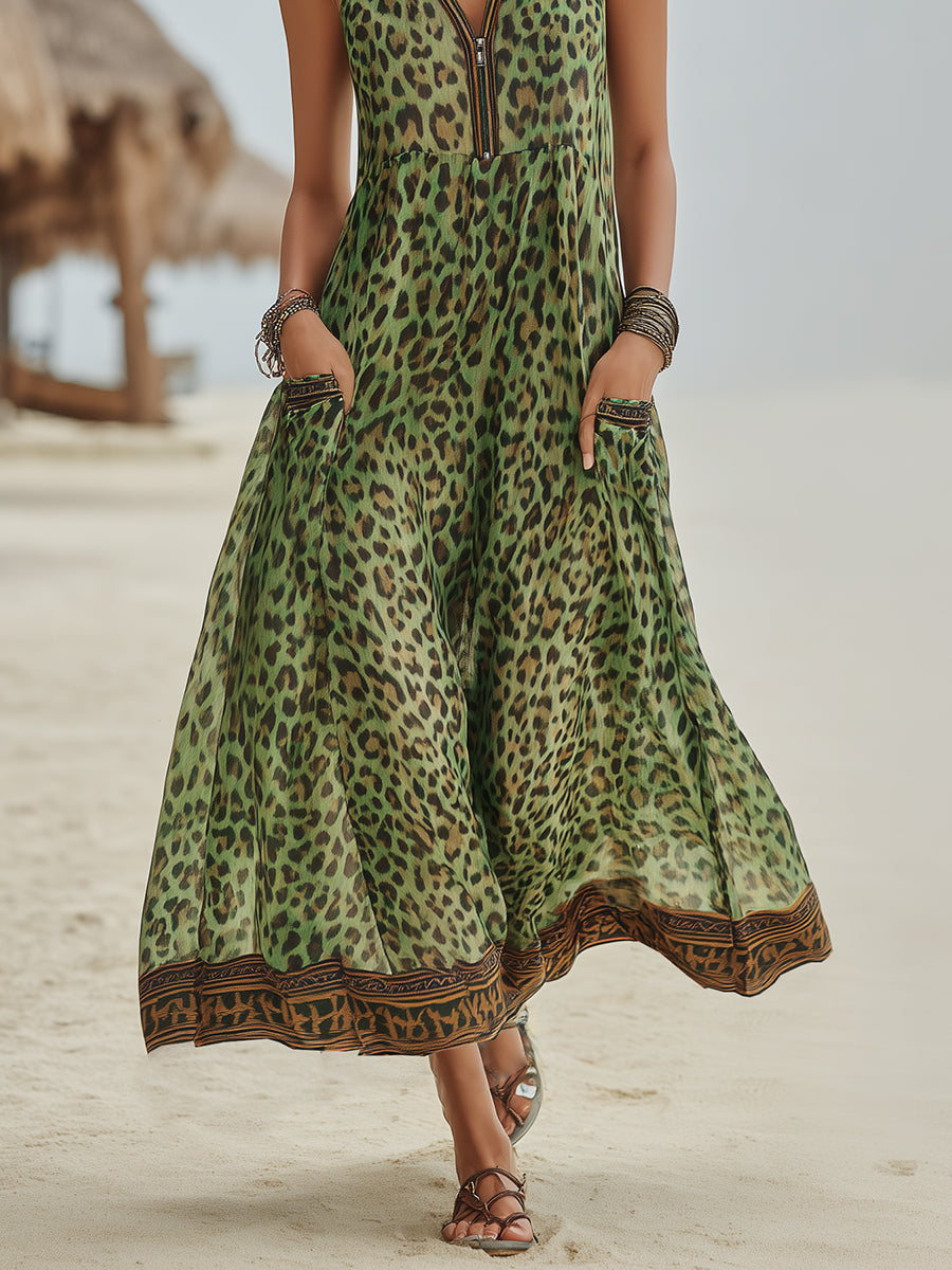 Robe Midi à Capuche Art Imprimé Léopard Vert Casual Retro pour Femmes