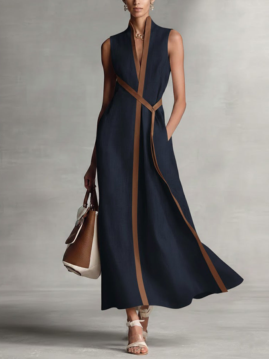 Robe Décontractée Sans Manches en Coton et Lin à Col Montant pour Femmes