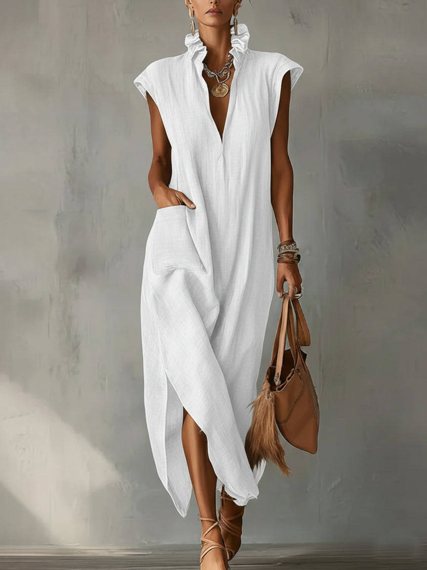 Robe Midi en Coton Lin avec Col Volant pour Femmes – Robe d'Été Élégante