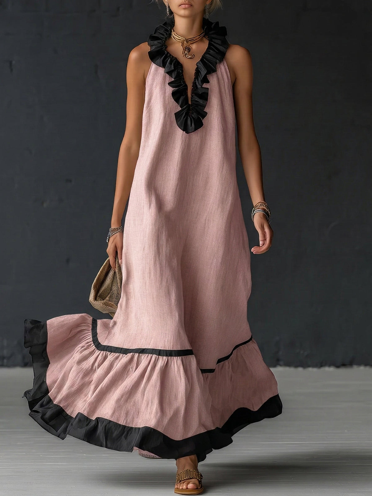 Robe Maxi Élégante et Romantique à Volants en Coloris Bloqués