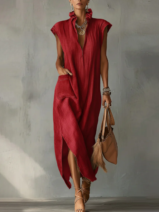 Robe Midi en Coton Lin avec Col Volant pour Femmes – Robe d'Été Élégante