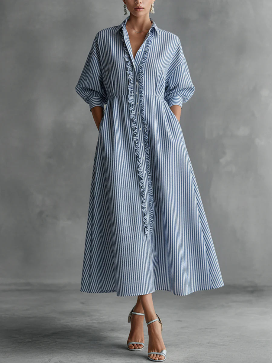 Robe Chemise Rayée Décontractée avec Volants
