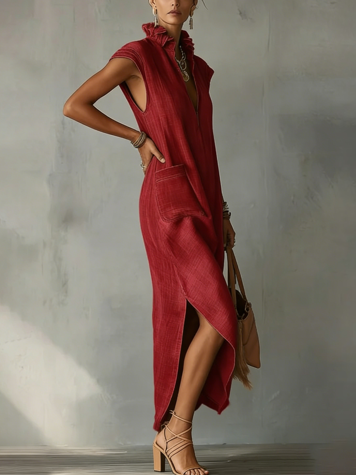 Robe Midi en Coton Lin avec Col Volant pour Femmes – Robe d'Été Élégante