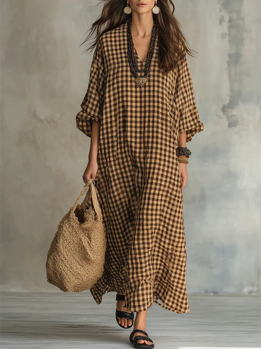 Robe Maxi en Coton Lin à Carreaux Rétro pour Femmes