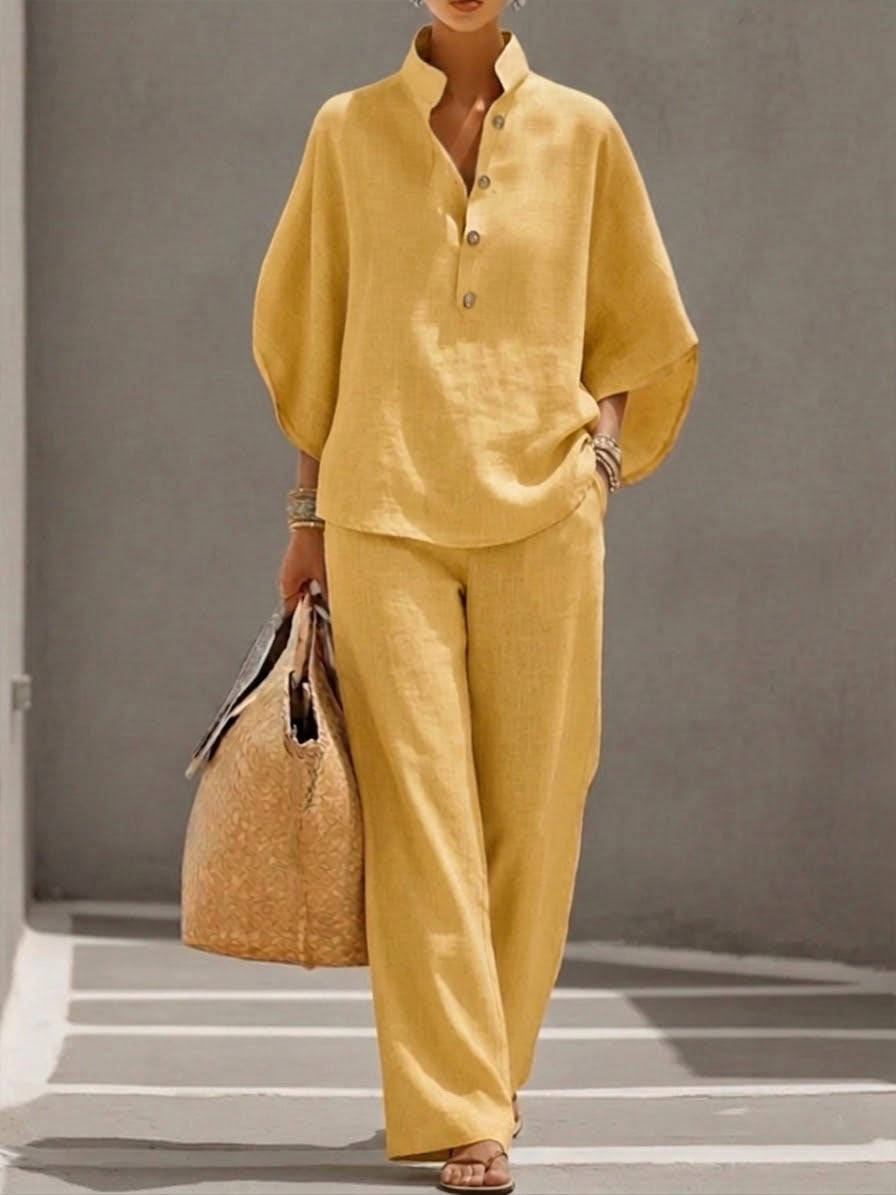Ensemble Deux Pièces en Lin et Coton à Manches Chauve-Souris pour Femmes – Chemise Décontractée & Pantalon à Jambes Larges