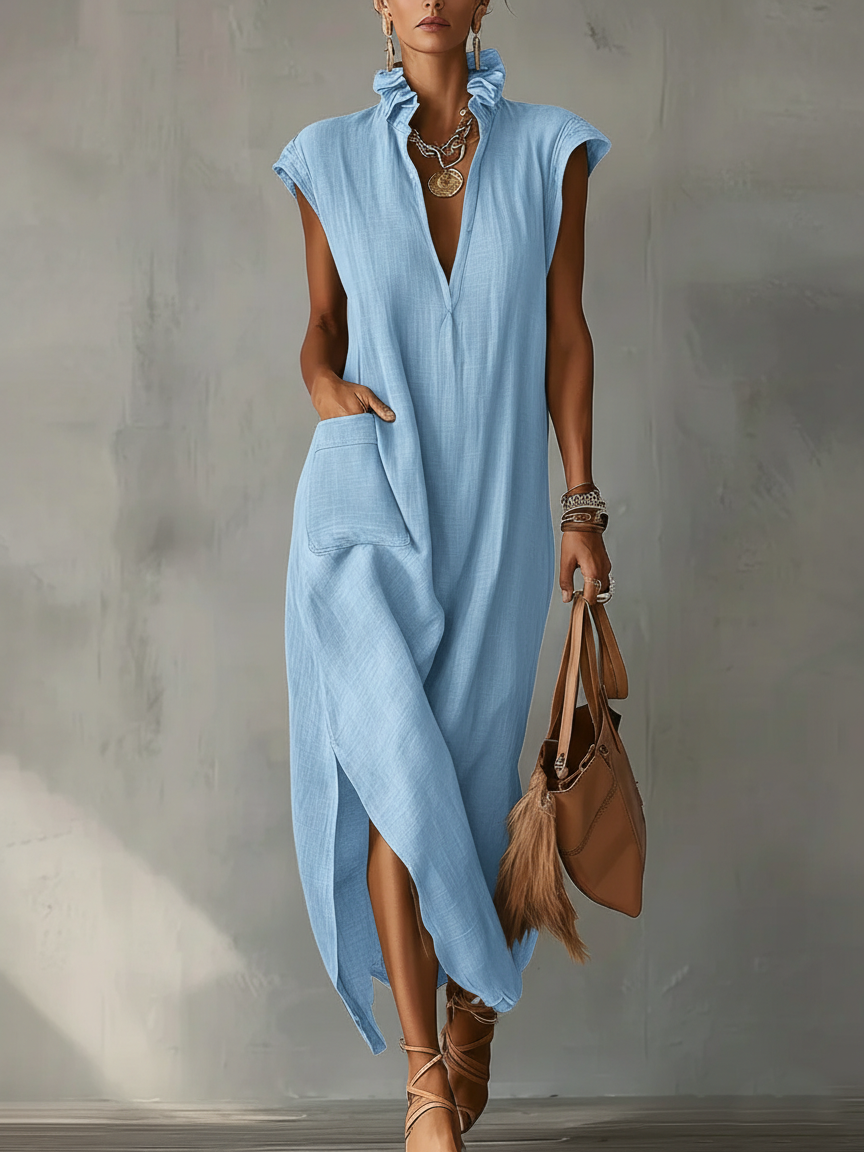 Robe Midi en Coton Lin avec Col Volant pour Femmes – Robe d'Été Élégante