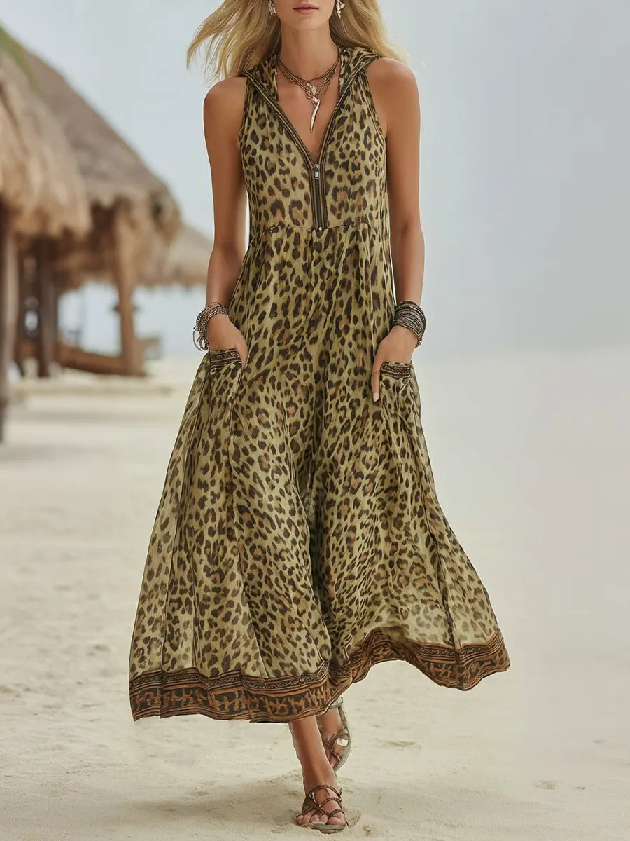 Robe Midi à Capuche Art Imprimé Léopard Vert Casual Retro pour Femmes