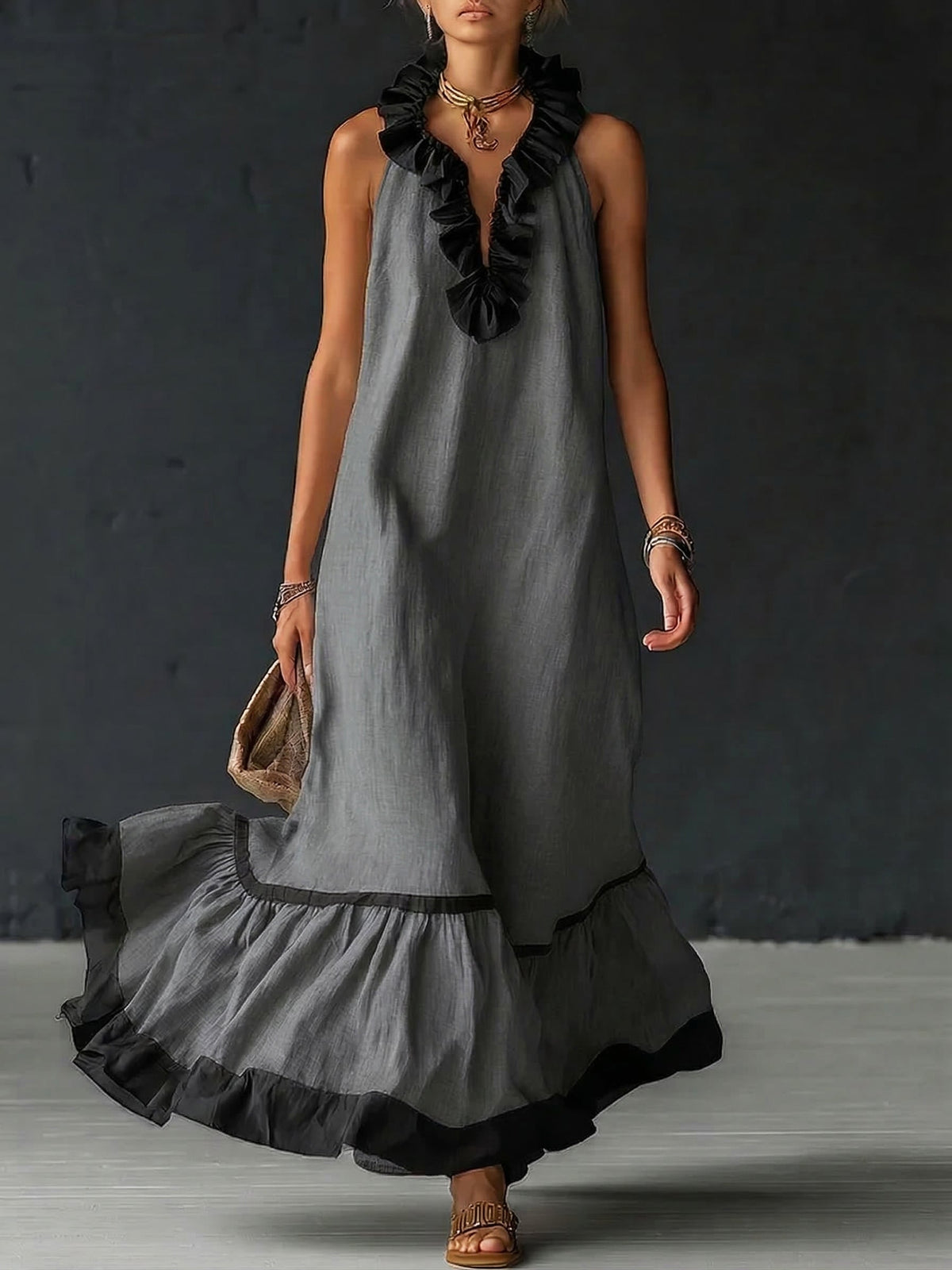Robe Maxi Élégante et Romantique à Volants en Coloris Bloqués