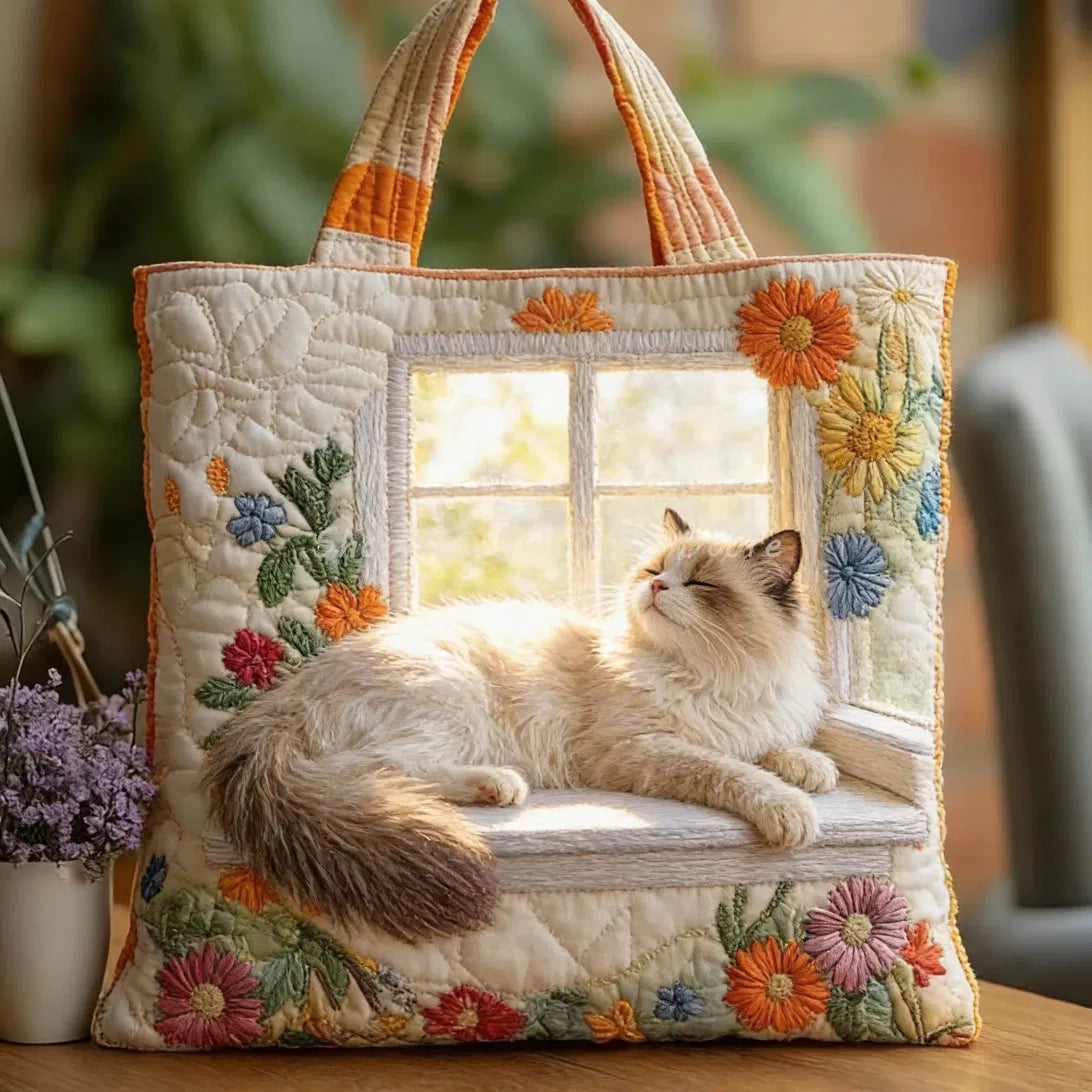 Sac Artisanal Matelassé - Chat au Rebord de Fenêtre