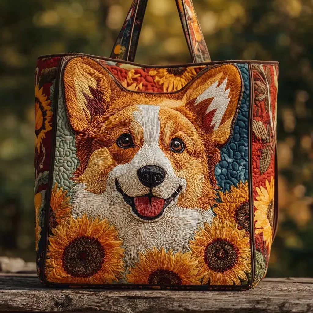Sac Artisanal Matelassé - Corgi aux Tournesols