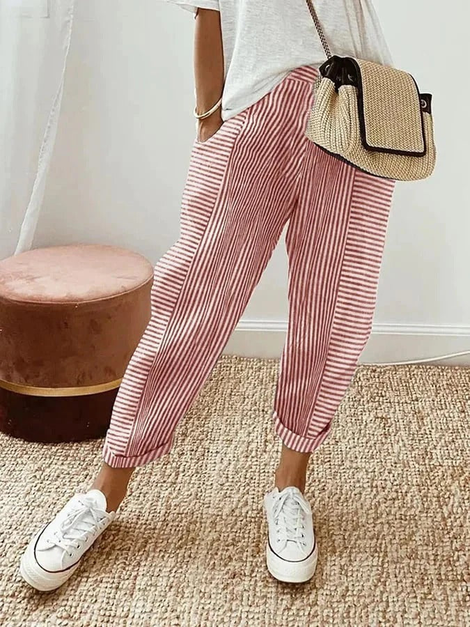 Celia - Pantalon en Coton Rayé Classique